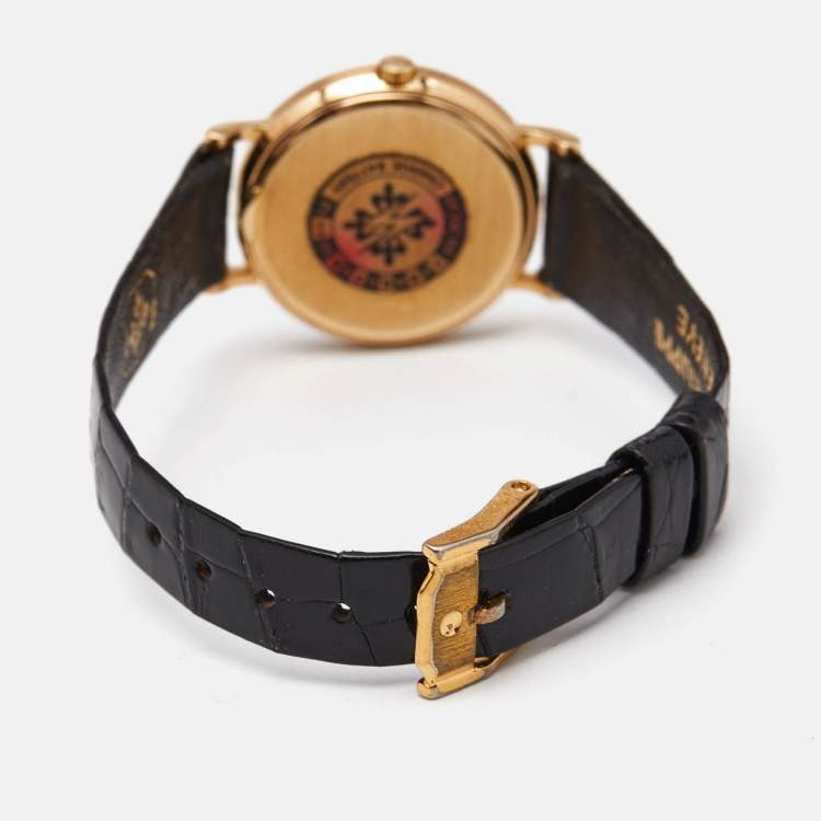 Pre Owned Patek Philippe White 18K Yellow Gold Alligator Leather Calatrava 4819 Women's Wristwatch 25 mm