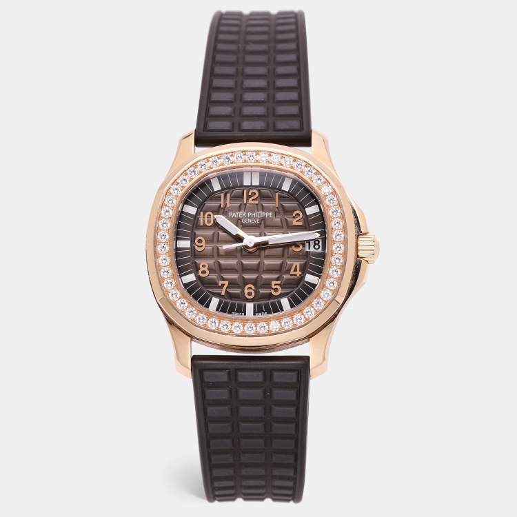 Pre Owned Patek Philippe 18K Rose Gold and Diamond Taupe Dial Aquanaut 5268/R-001 Women's Wristwatch 35 mm