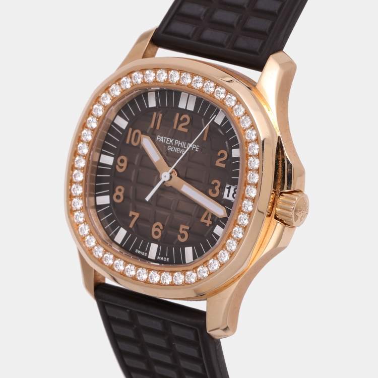 Pre Owned Patek Philippe 18K Rose Gold and Diamond Taupe Dial Aquanaut 5268/R-001 Women's Wristwatch 35 mm