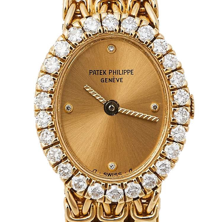 Pre Owned Patek Philippe Champagne Diamonds 18K Yellow Gold Vintage Oval 4752/001 Women's Wristwatch 18 MM