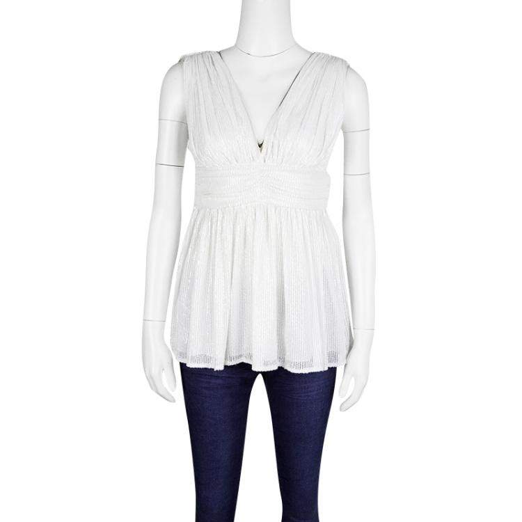 Pre Owned Paul and Joe White Sequin Embellished Ruched Sleeveless Top S