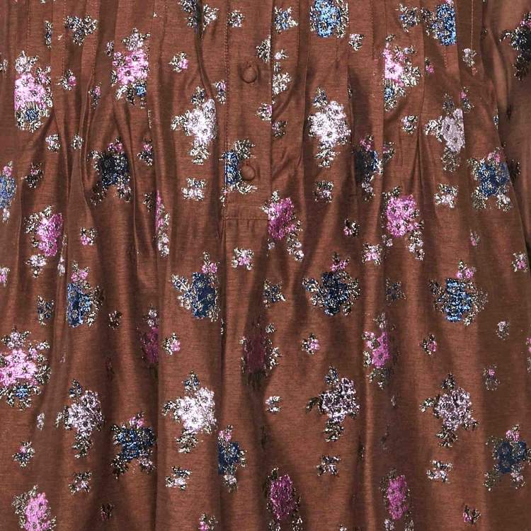 Pre Owned Paul & Joe Brown Floral Texture Brocade Ruffle Collar Dress M