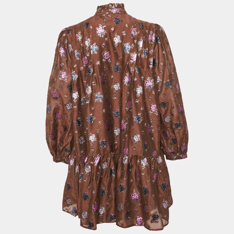 Pre Owned Paul & Joe Brown Floral Texture Brocade Ruffle Collar Dress M
