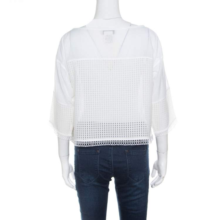 Pre Owned Paul and Joe White Cotton Mesh Panel Detail Cropped Top S