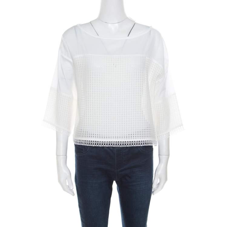 Pre Owned Paul and Joe White Cotton Mesh Panel Detail Cropped Top S