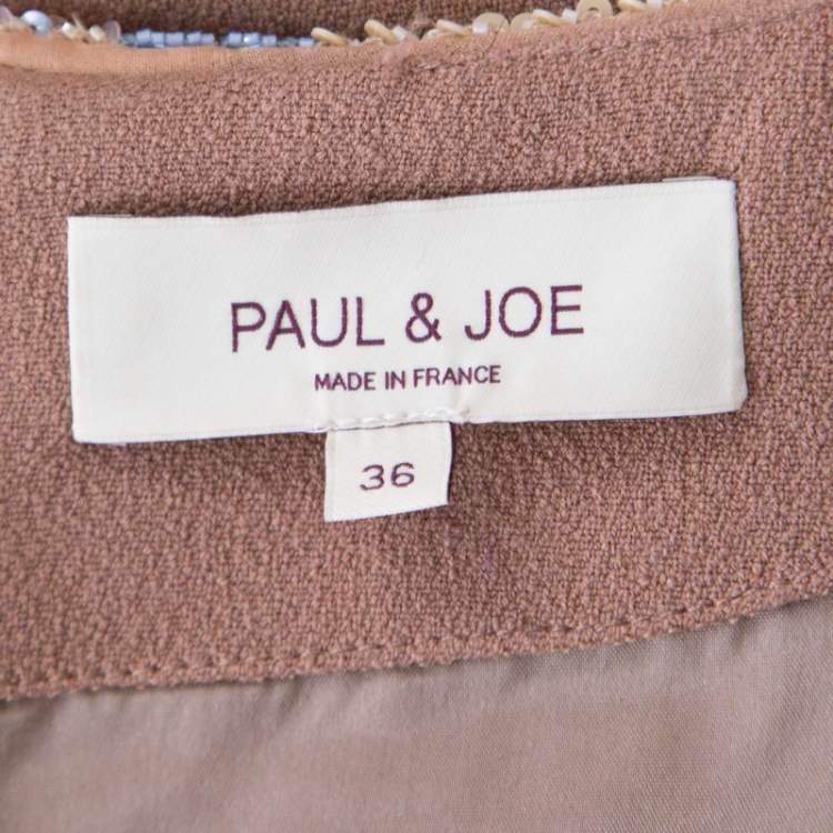 Pre Owned Paul and Joe Brown Embellished Neck Detail Short Sleeve Toutbon Dress S