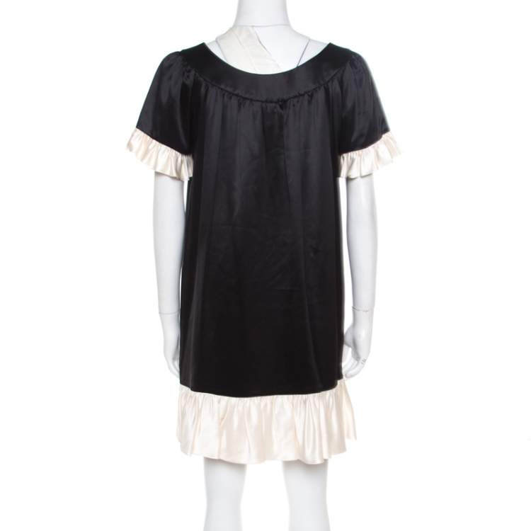 Pre Owned Paul and Joe Black Satin Contrast Ruffled Trim Detail Dress S