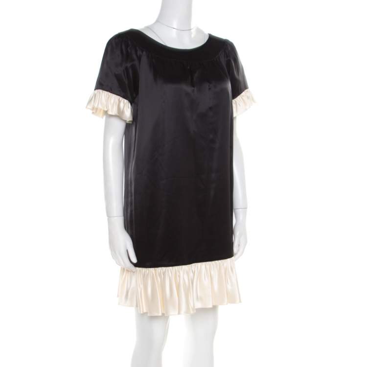 Pre Owned Paul and Joe Black Satin Contrast Ruffled Trim Detail Dress S