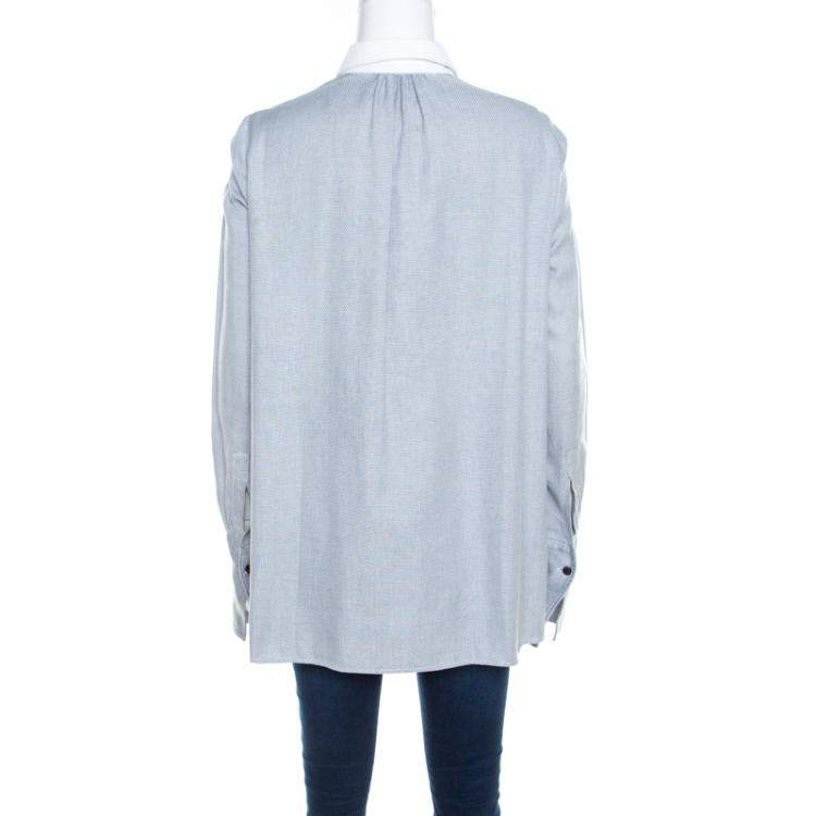 Pre Owned Paul & Joe Grey Basketweave Cotton Contrast Yoke Long Sleeve Top ( One Size )