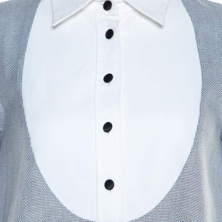 Pre Owned Paul & Joe Grey Basketweave Cotton Contrast Yoke Long Sleeve Top ( One Size )
