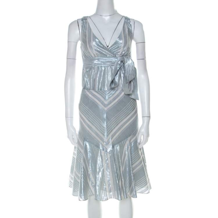 Pre Owned Paul and Joe Silver Blue Striped Cotton Sleeveless Top and Short Skirt Set S