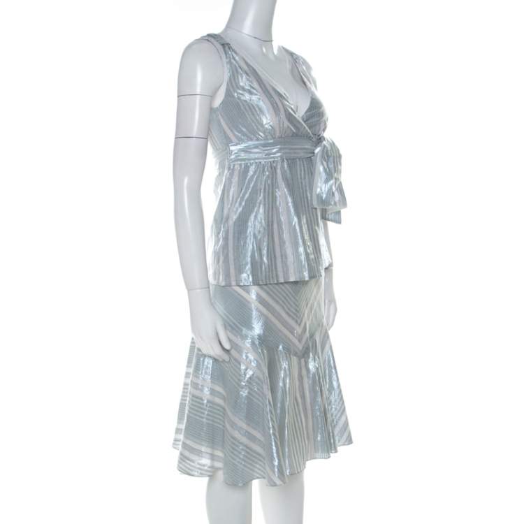 Pre Owned Paul and Joe Silver Blue Striped Cotton Sleeveless Top and Short Skirt Set S