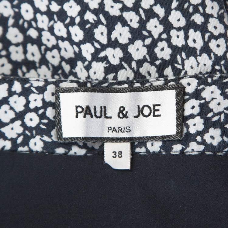 مملوكة مسبقًا Paul and Joe Navy and White Floral Knit Cotton Blend Ruffle Hem Skirt M 