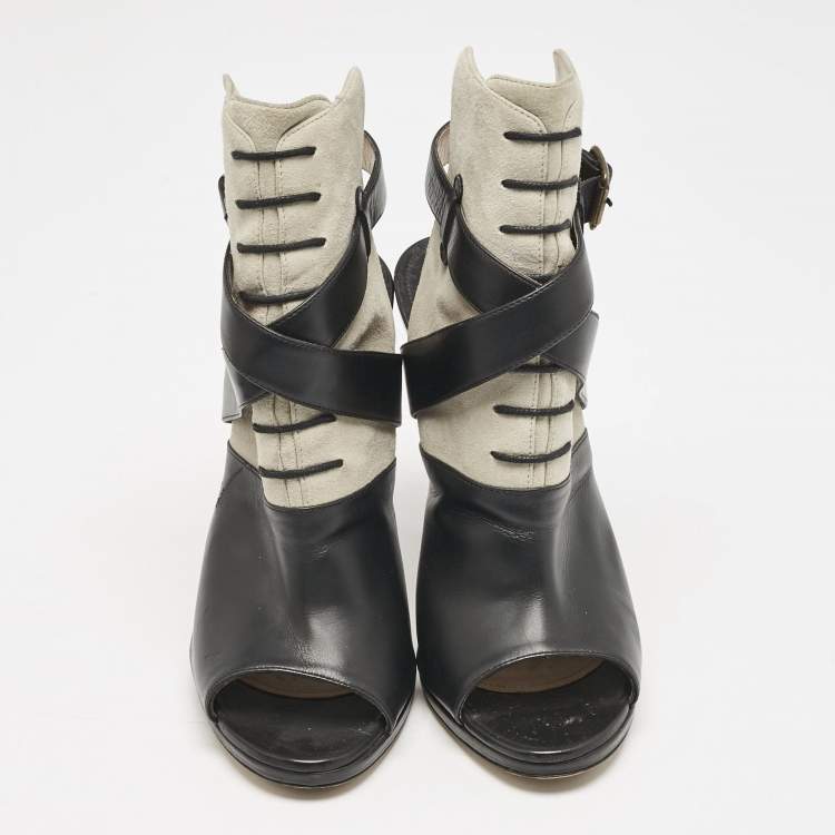 Pre Owned Paul Andrew Black/Grey Leather And Suede Criss Cross Open Toe Ankle Strap Boots  Size 38