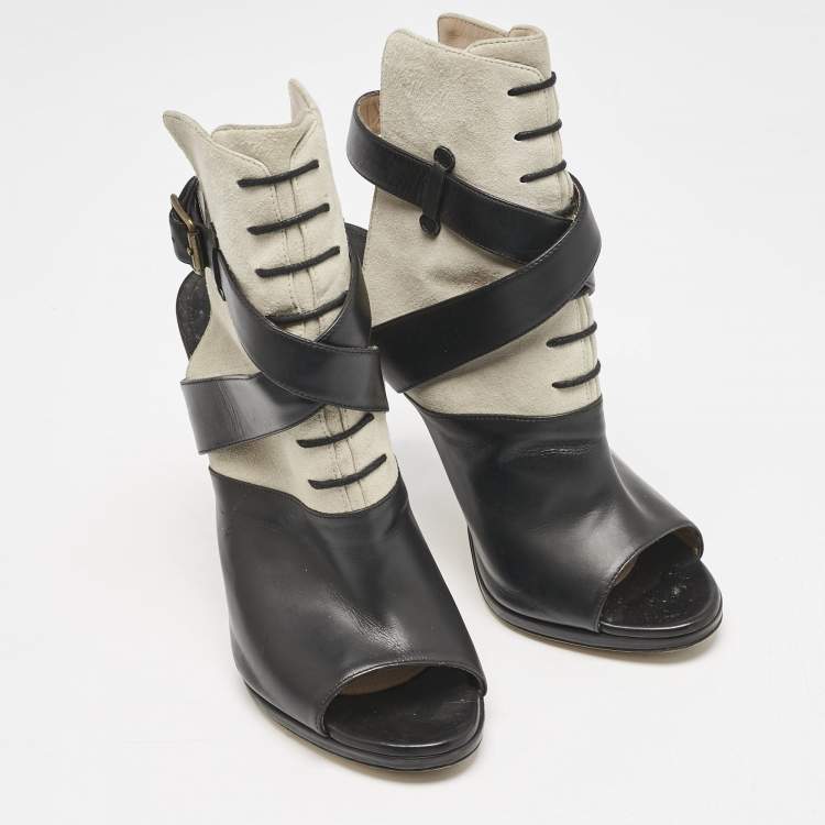 Pre Owned Paul Andrew Black/Grey Leather And Suede Criss Cross Open Toe Ankle Strap Boots  Size 38