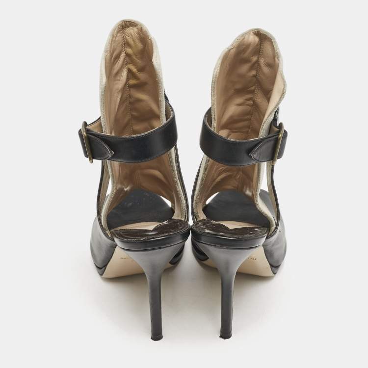 Pre Owned Paul Andrew Black/Grey Leather And Suede Criss Cross Open Toe Ankle Strap Boots  Size 38