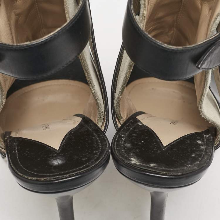Pre Owned Paul Andrew Black/Grey Leather And Suede Criss Cross Open Toe Ankle Strap Boots  Size 38