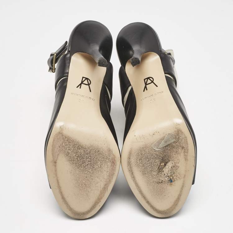 Pre Owned Paul Andrew Black/Grey Leather And Suede Criss Cross Open Toe Ankle Strap Boots  Size 38