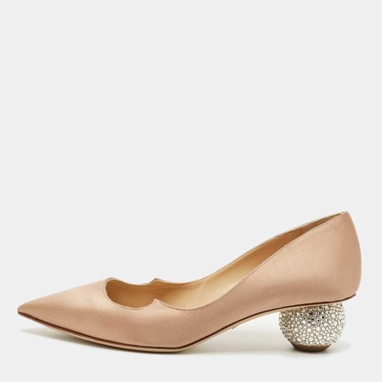Pre Owned Paul Andrew Beige Satin Ankara Crystal Embellished Block Heel Pumps Size 36