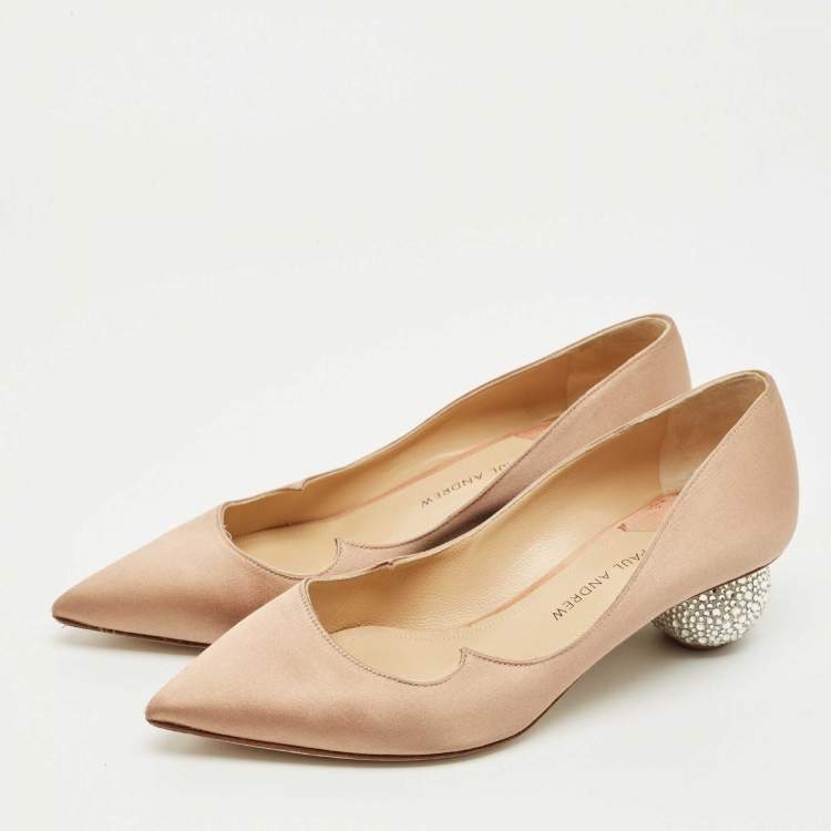 Pre Owned Paul Andrew Beige Satin Ankara Crystal Embellished Block Heel Pumps Size 36