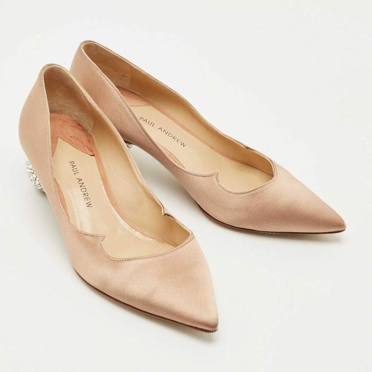 Pre Owned Paul Andrew Beige Satin Ankara Crystal Embellished Block Heel Pumps Size 36