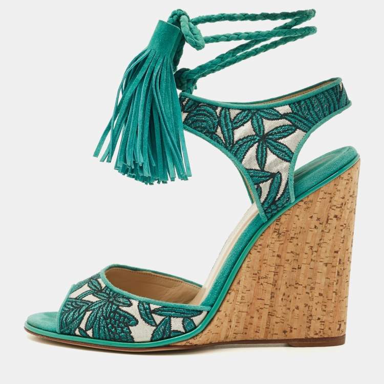 Pre Owned Paul Andrew Blue/Silver Fabric and Suede Ankle Tassel Tie Wedge Sandals Size 40