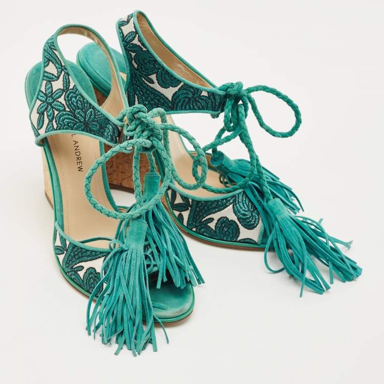Pre Owned Paul Andrew Blue/Silver Fabric and Suede Ankle Tassel Tie Wedge Sandals Size 40
