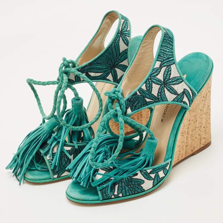 Pre Owned Paul Andrew Blue/Silver Fabric and Suede Ankle Tassel Tie Wedge Sandals Size 40