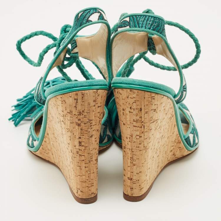 Pre Owned Paul Andrew Blue/Silver Fabric and Suede Ankle Tassel Tie Wedge Sandals Size 40