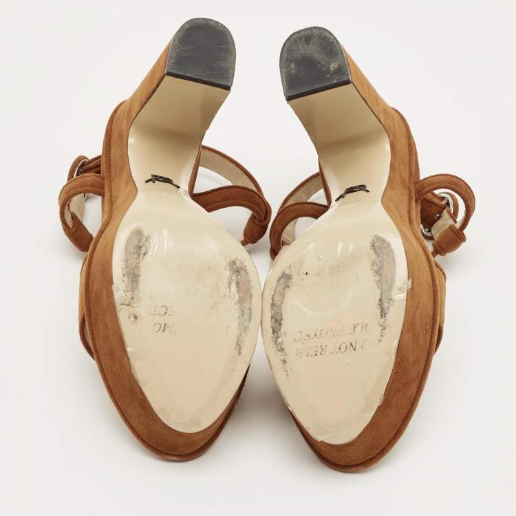 Pre Owned Paul Andrew Brown Suede Stanton Ankle Strap Sandals Size 36.5