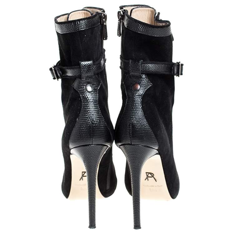 Pre Owned Paul Andrew Black Suede And Embossed Leather Lace Up Ankle Boots Size 38.5