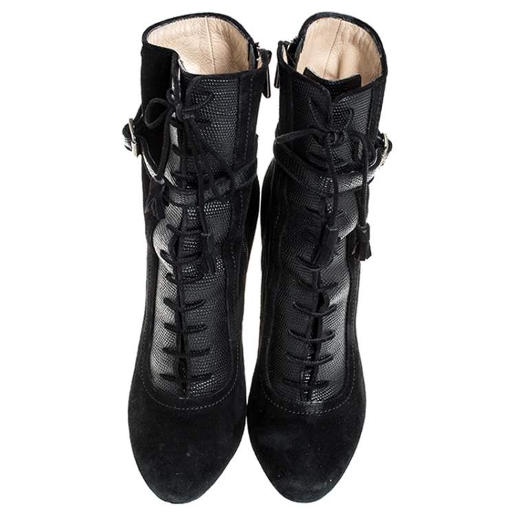 Pre Owned Paul Andrew Black Suede And Embossed Leather Lace Up Ankle Boots Size 38.5