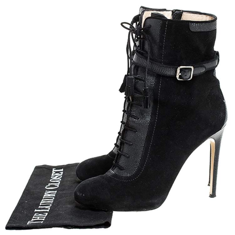 Pre Owned Paul Andrew Black Suede And Embossed Leather Lace Up Ankle Boots Size 38.5