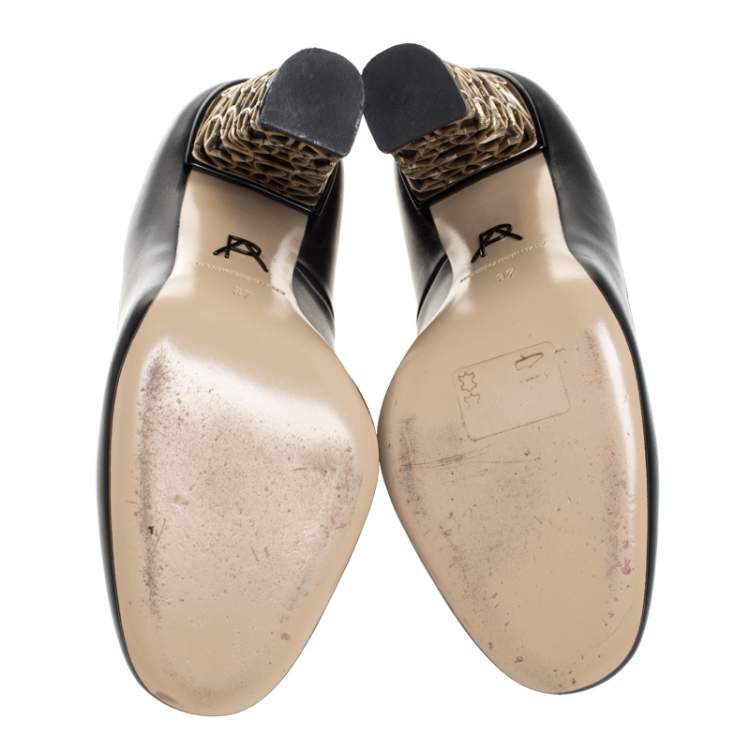 Pre Owned Paul Andrew Black Leather Bursa Arabesque Block Heel Pumps Size 37