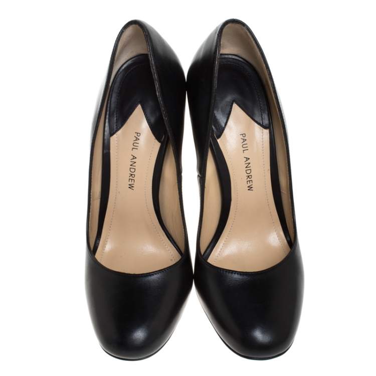 Pre Owned Paul Andrew Black Leather Bursa Arabesque Block Heel Pumps Size 37