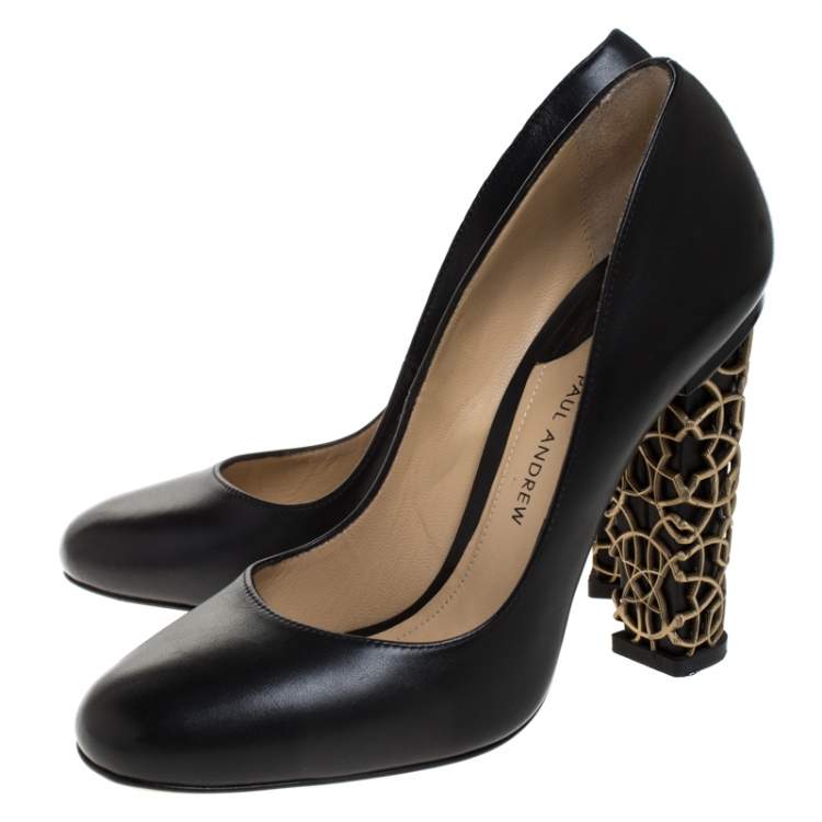 Pre Owned Paul Andrew Black Leather Bursa Arabesque Block Heel Pumps Size 37
