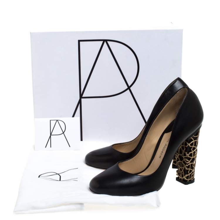Pre Owned Paul Andrew Black Leather Bursa Arabesque Block Heel Pumps Size 37