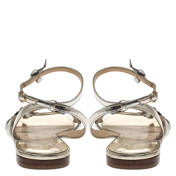 Pre Owned Paul Andrew Metallic Silver Leather Floral Embellished Flat Ankle Strap Sandals Size 40