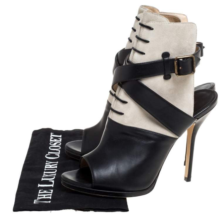 Pre Owned Paul Andrew Black Leather And Suede Criss Cross Open Toe Ankle Strap Booties Size 38