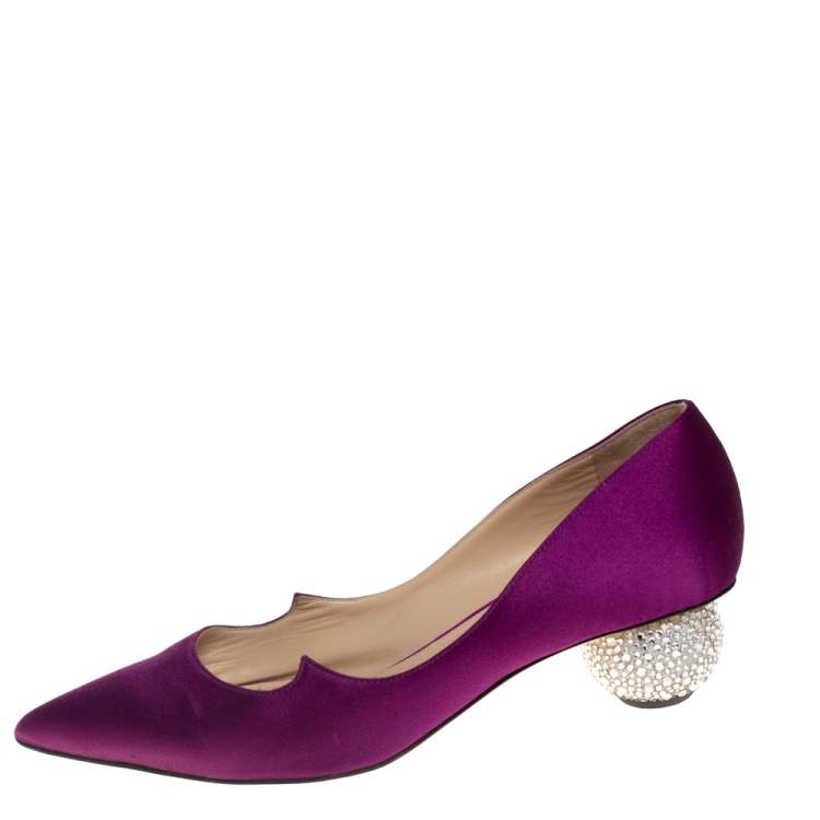Pre Owned Paul Andrew Purple Satin Ankara Crystal Embellished Block Heel Pumps Size 37