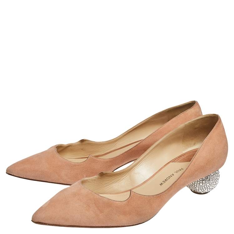 Pre Owned Paul Andrew Beige Suede  Ankara Crystal Embellished Block Heel Pumps Size 41.5