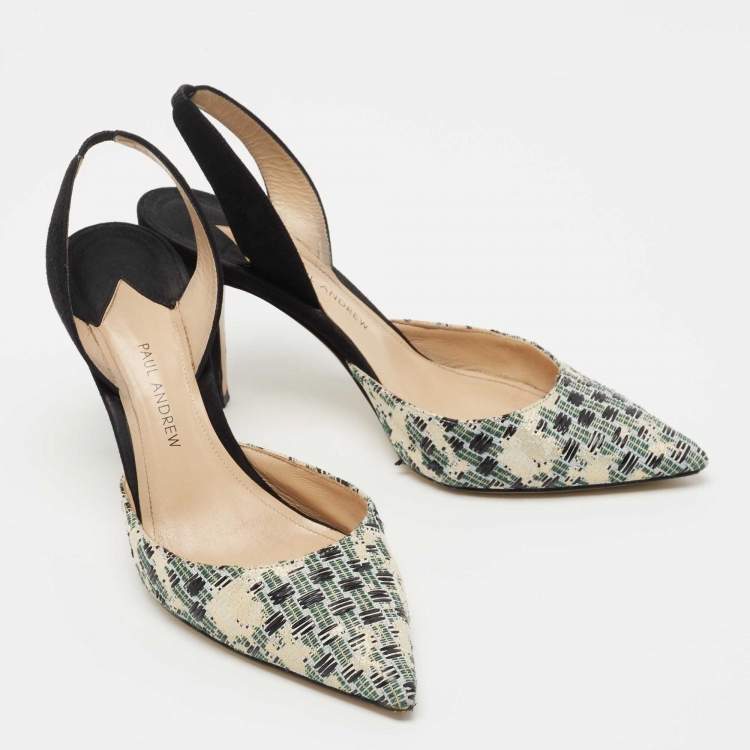 Pre Owned Paul Andrew Tricolor Woven Fabric and Suede Slingback Pumps Size 37