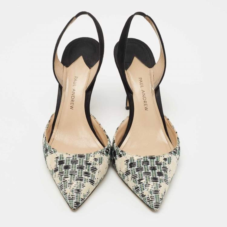 Pre Owned Paul Andrew Tricolor Woven Fabric and Suede Slingback Pumps Size 37