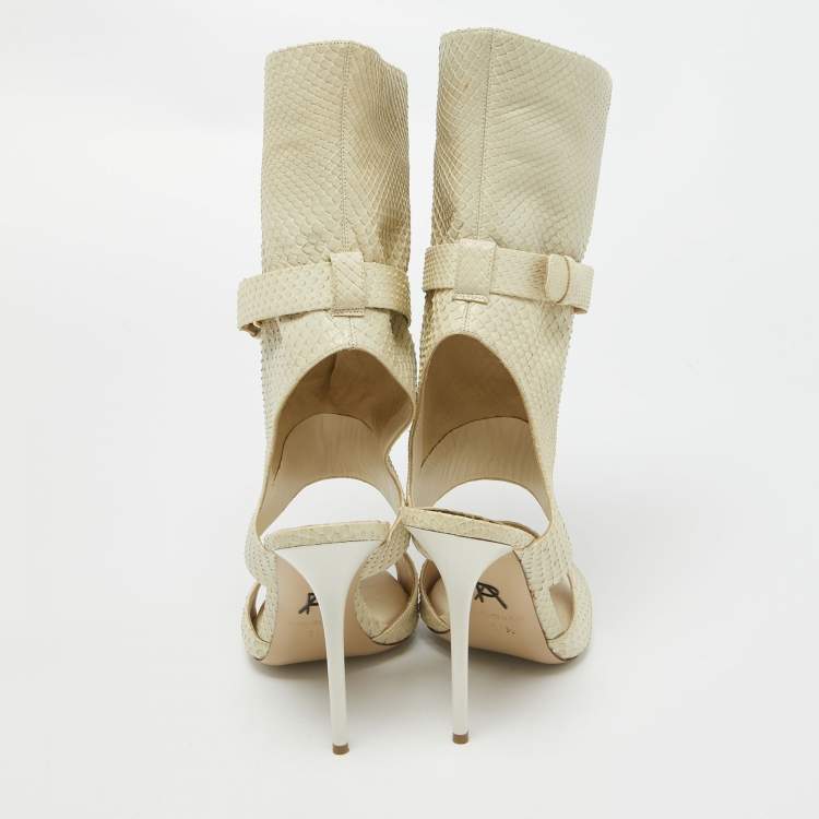 Pre Owned Paul Andrew Cream Snakeskin Cut Out Sandals Size 37.5