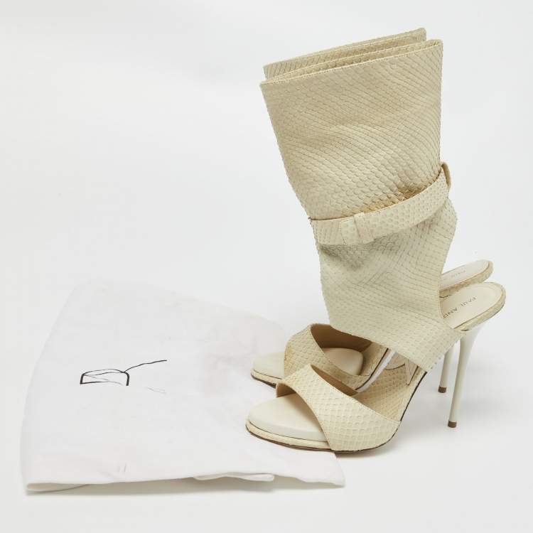 Pre Owned Paul Andrew Cream Snakeskin Cut Out Sandals Size 37.5