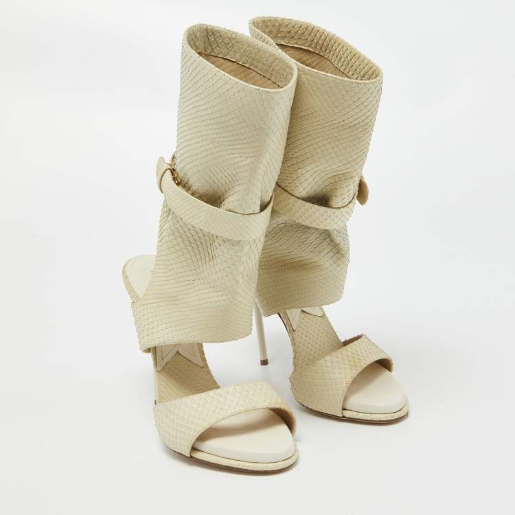 Pre Owned Paul Andrew Cream Snakeskin Cut Out Sandals Size 37.5