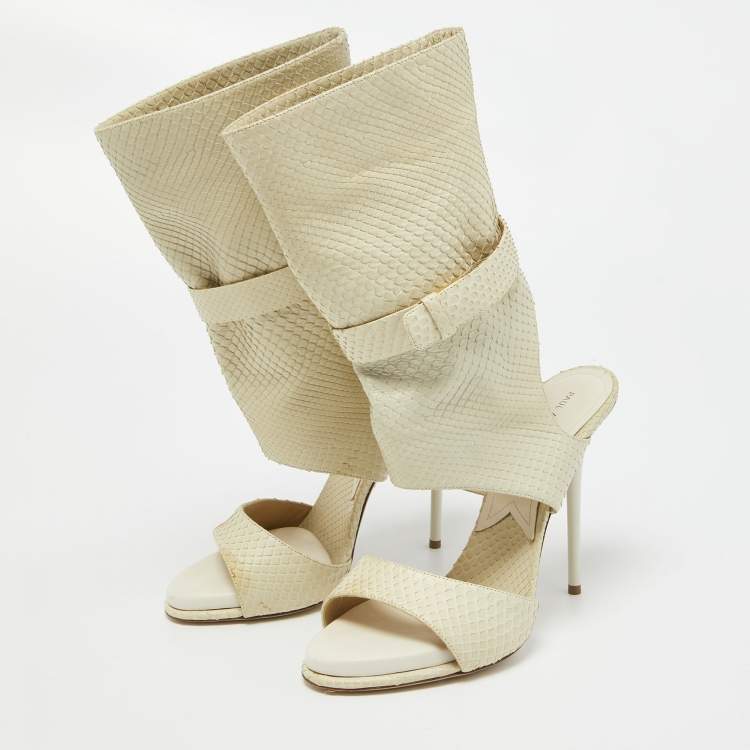 Pre Owned Paul Andrew Cream Snakeskin Cut Out Sandals Size 37.5