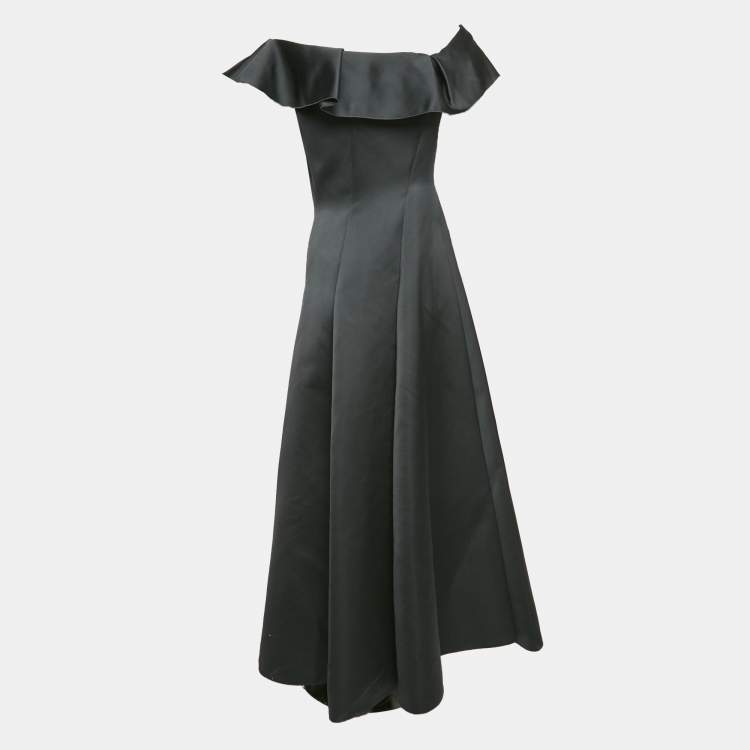 Pre Owned Paul Ka Black Paneled Satin Ruffle Detail Gown M