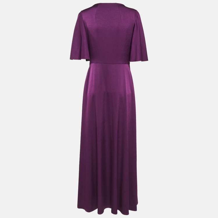 Pre Owned Paule Ka Purple Satin Pleated Bow Detail Maxi Dress M