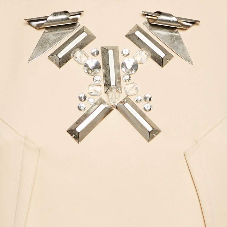 Pre Owned Paule Ka Cream Metal Embellished Stretch Crepe Mini Shift Dress S